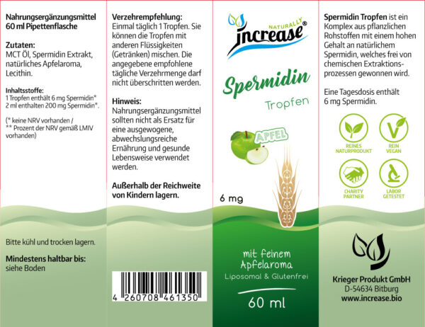 Nimm 3, zahl 2 Aktion Increase Liposomale Spermidin Tropfen - 3x60ml - 200mg Spermidin pro 2 ml - 6mg Spermidin pro Tropfen - 18.000mg Spermidin in 3 Flaschen - Keto MCT Öl C8 & C10 - Apfel – Bild 3